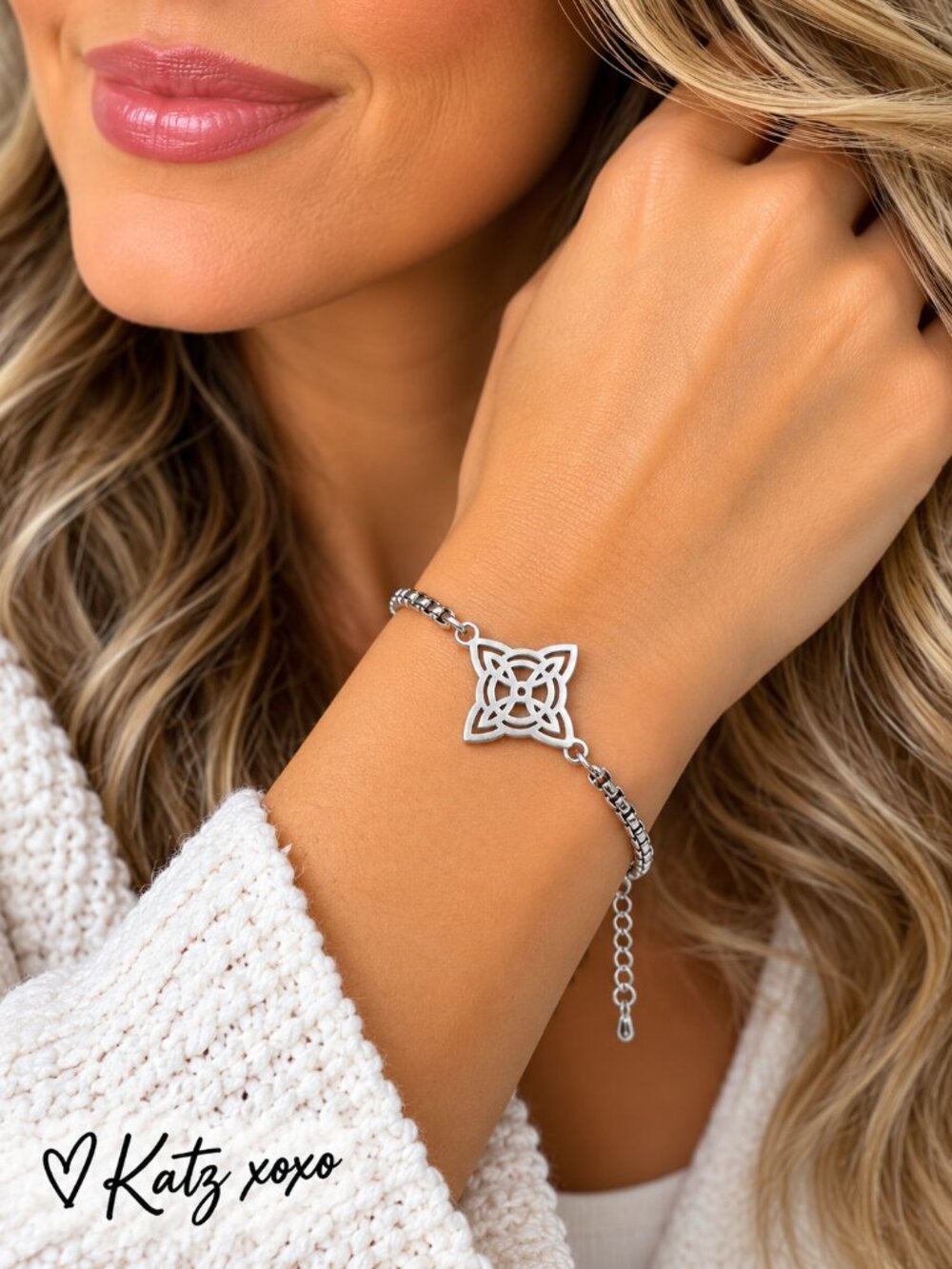 Celtic Knot Bracelet Silver Stainless Steel Quatrefoil Endless Knot Adjustable